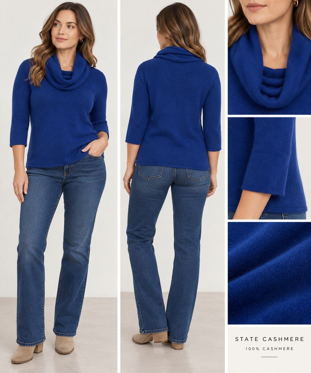 State Cashmere Women L 100% Cashmere Cowl Neck Sweater Royal Blue 3/4 Sleeve